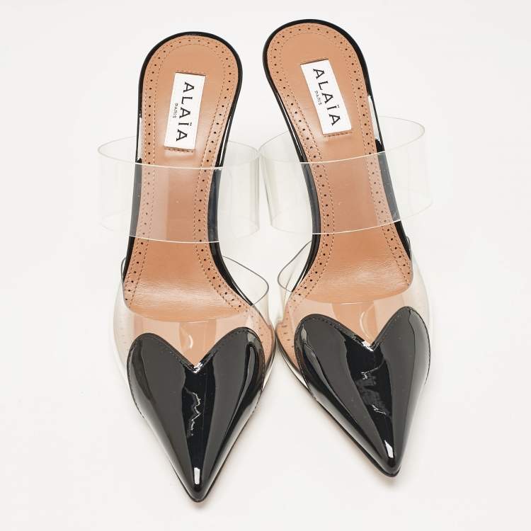 Pre Owned Alaia Black Patent Leather and PVC Le Coeur Mules Size 37