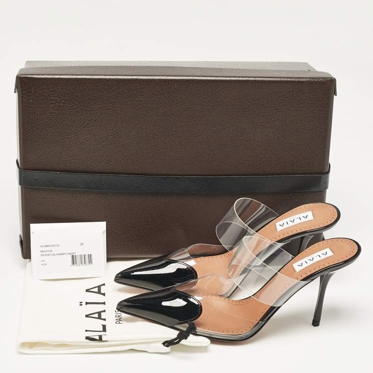 Pre Owned Alaia Black Patent Leather and PVC Le Coeur Mules Size 37