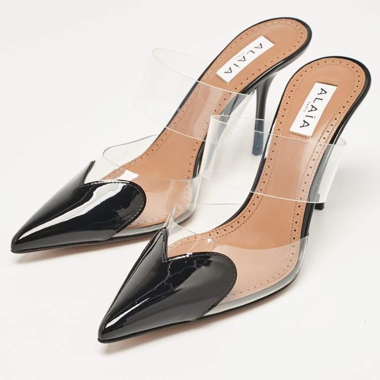 Pre Owned Alaia Black Patent Leather and PVC Le Coeur Mules Size 37