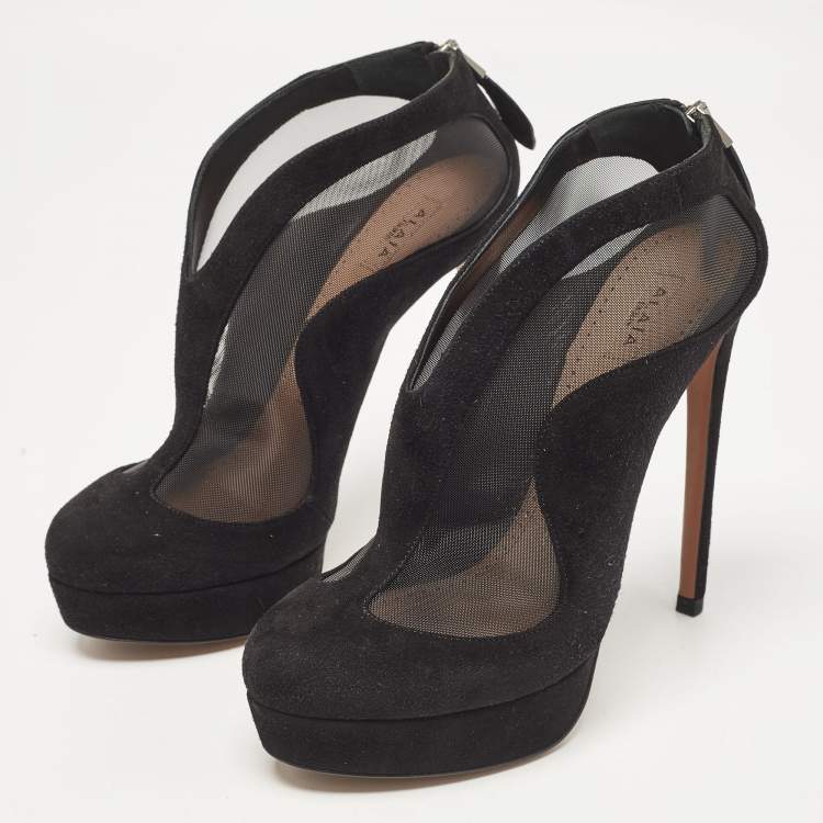 Pre Owned Alaia Black Mesh and Suede Accent Booties Size 38.5