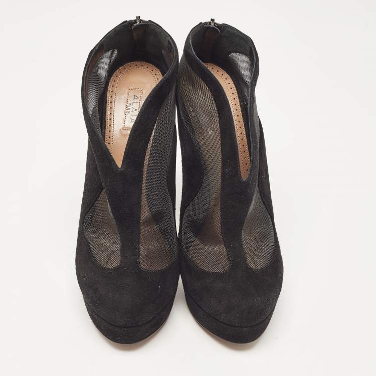 Pre Owned Alaia Black Mesh and Suede Accent Booties Size 38.5