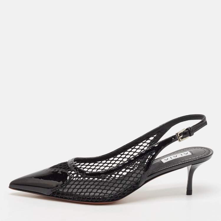 Pre Owned Alaia Black Mesh and Patent Leather Slingack Pumps Size 37