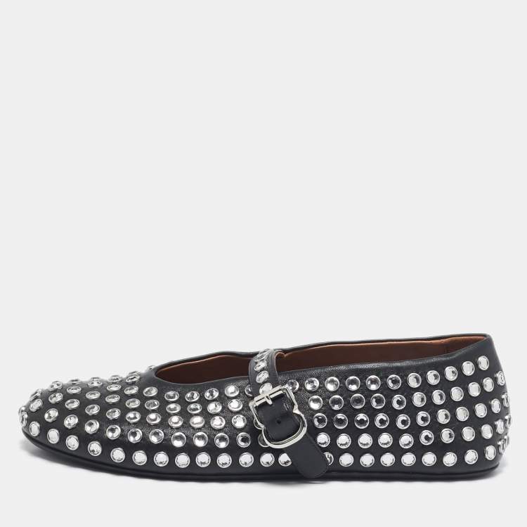 Pre Owned Alaia Black Leather Crystal Embellished Mary Jane Ballet Flats Size 38