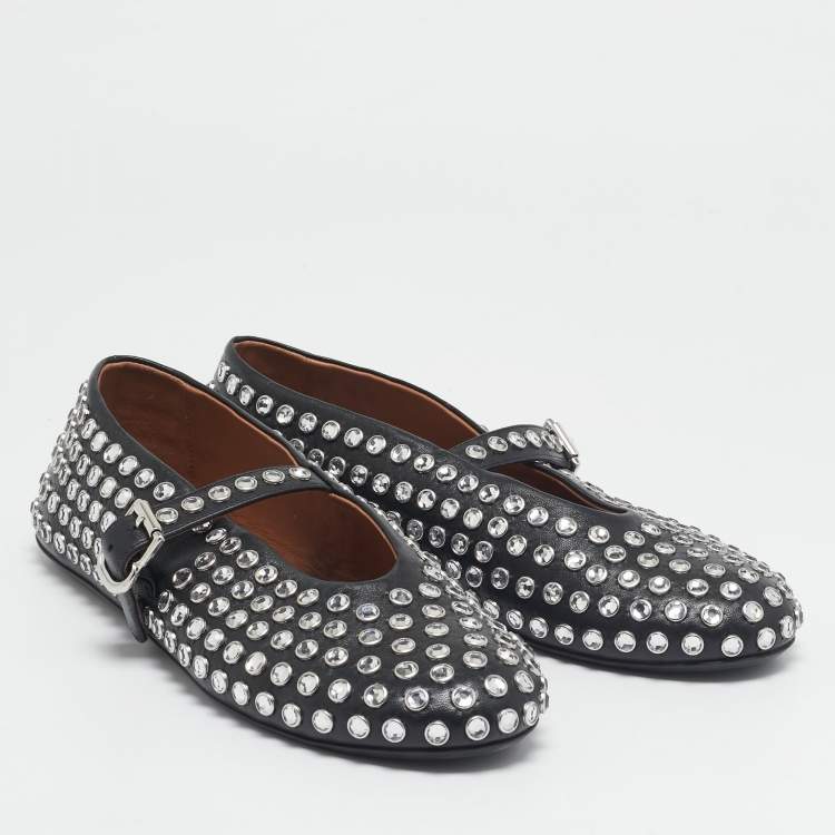 Pre Owned Alaia Black Leather Crystal Embellished Mary Jane Ballet Flats Size 38