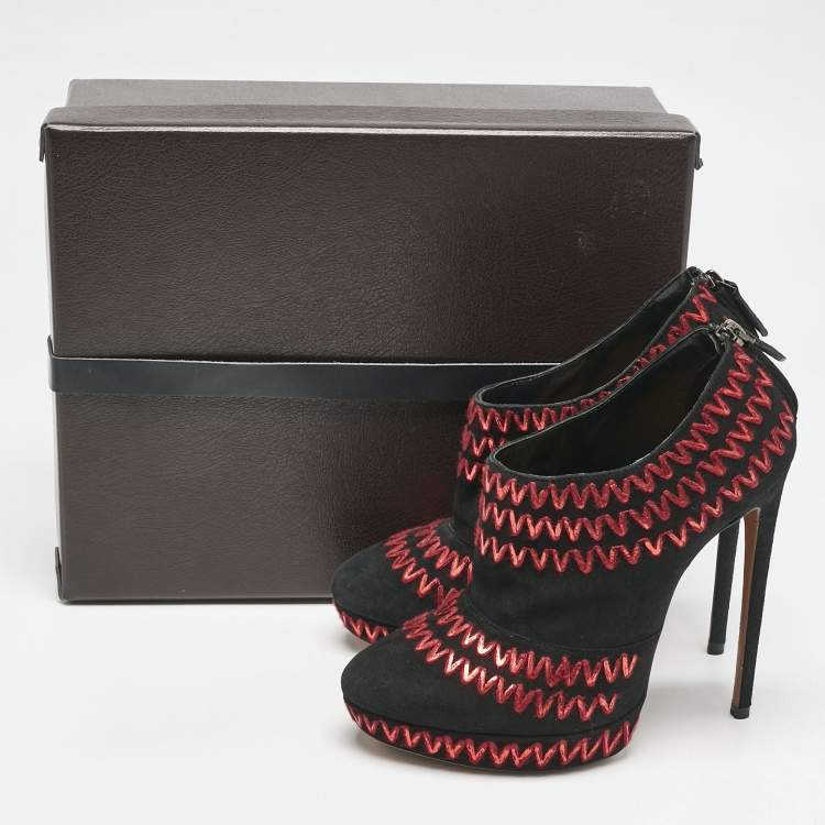 Pre Owned Alaia Black/Red Suede ZigZag Stitch Booties Size 41