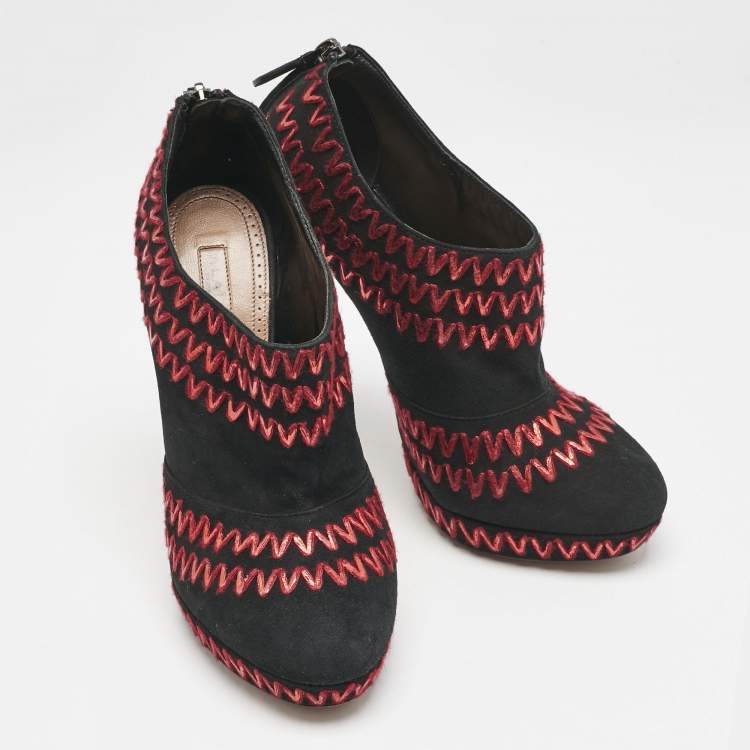 Pre Owned Alaia Black/Red Suede ZigZag Stitch Booties Size 41