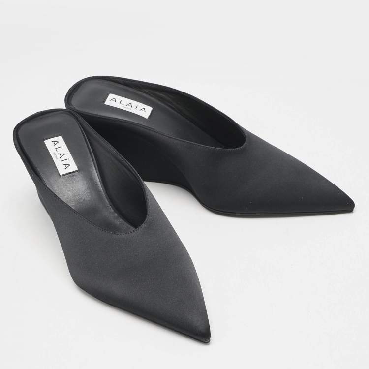 Pre Owned Alaia Black Satin Cube Wedge Mules Size 38
