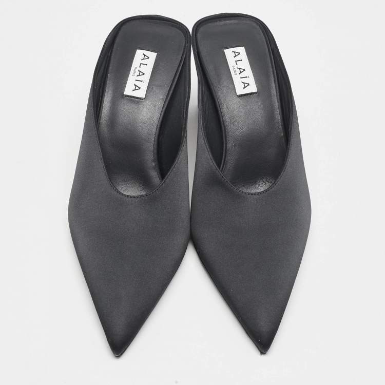 Pre Owned Alaia Black Satin Cube Wedge Mules Size 38