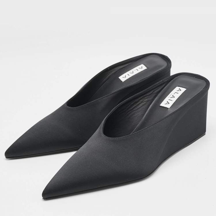 Pre Owned Alaia Black Satin Cube Wedge Mules Size 38