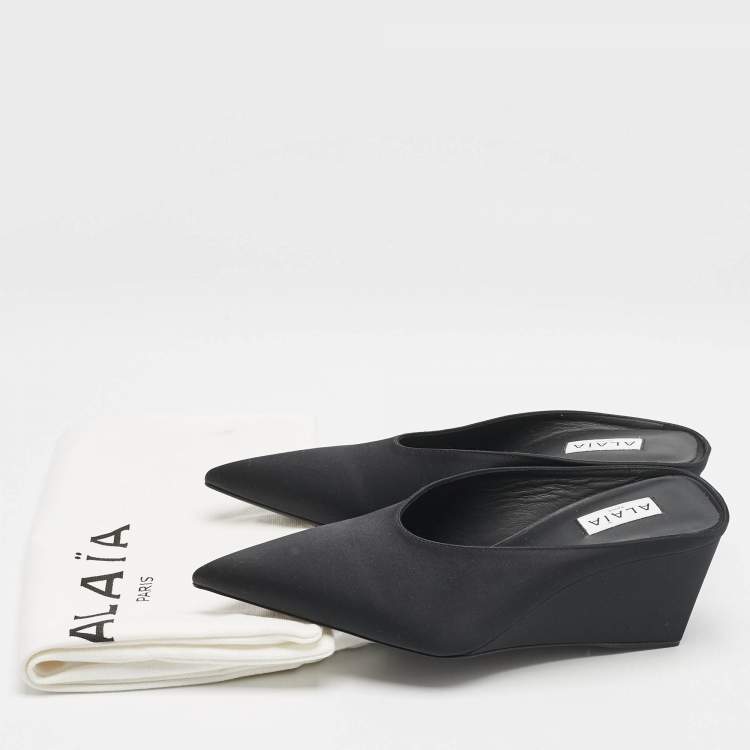 Pre Owned Alaia Black Satin Cube Wedge Mules Size 38