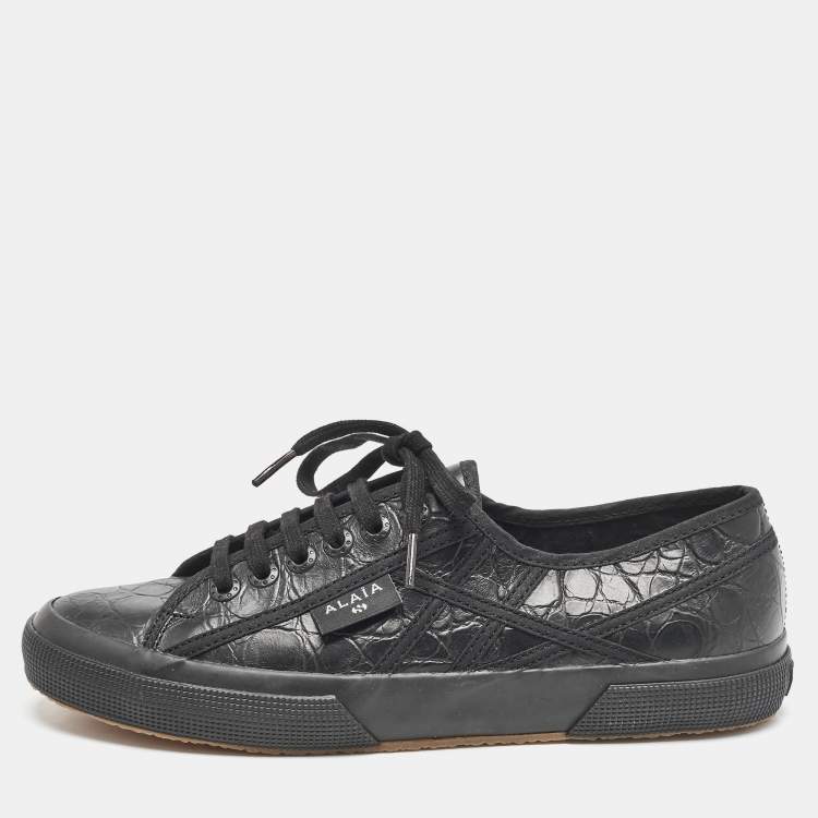 Pre Owned Alaia Black Croc Embossed Leather Superga Low Top Sneakers Size 42