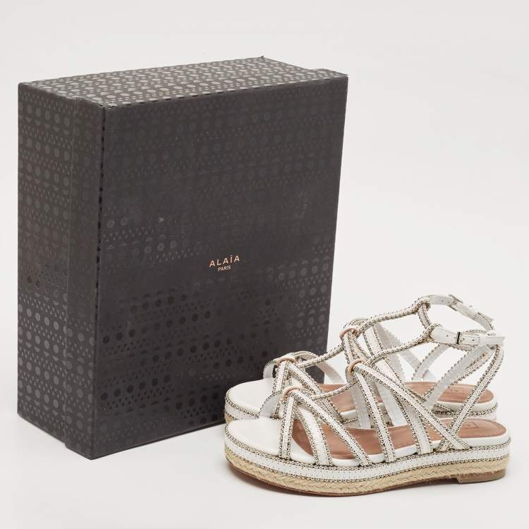 Pre Owned Alaia White Leather Studded Strappy Espadrille Sandals Size 37