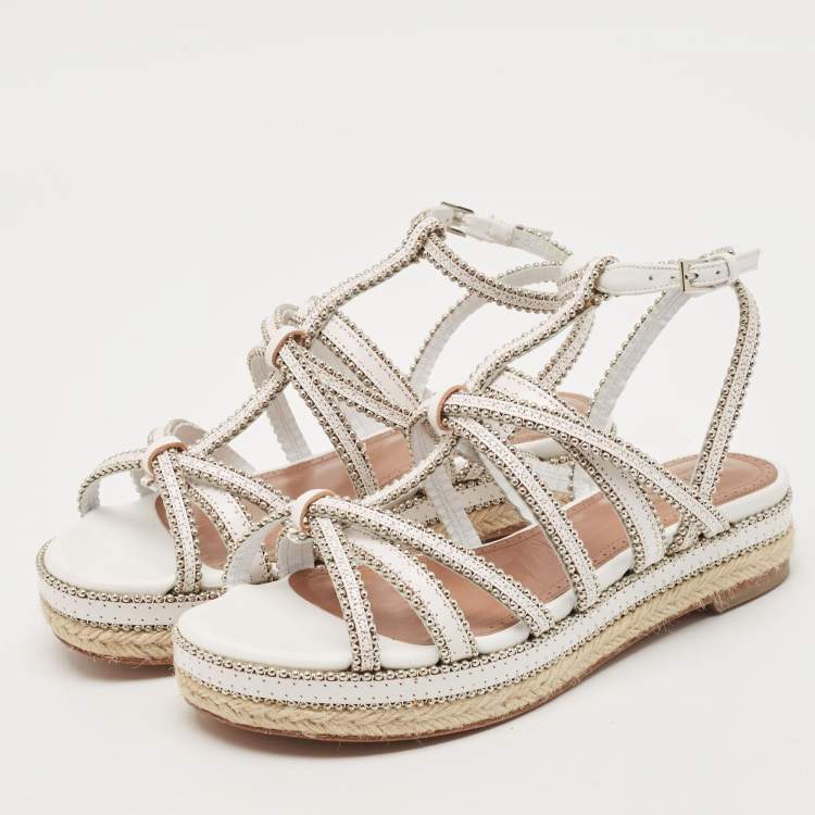 Pre Owned Alaia White Leather Studded Strappy Espadrille Sandals Size 37