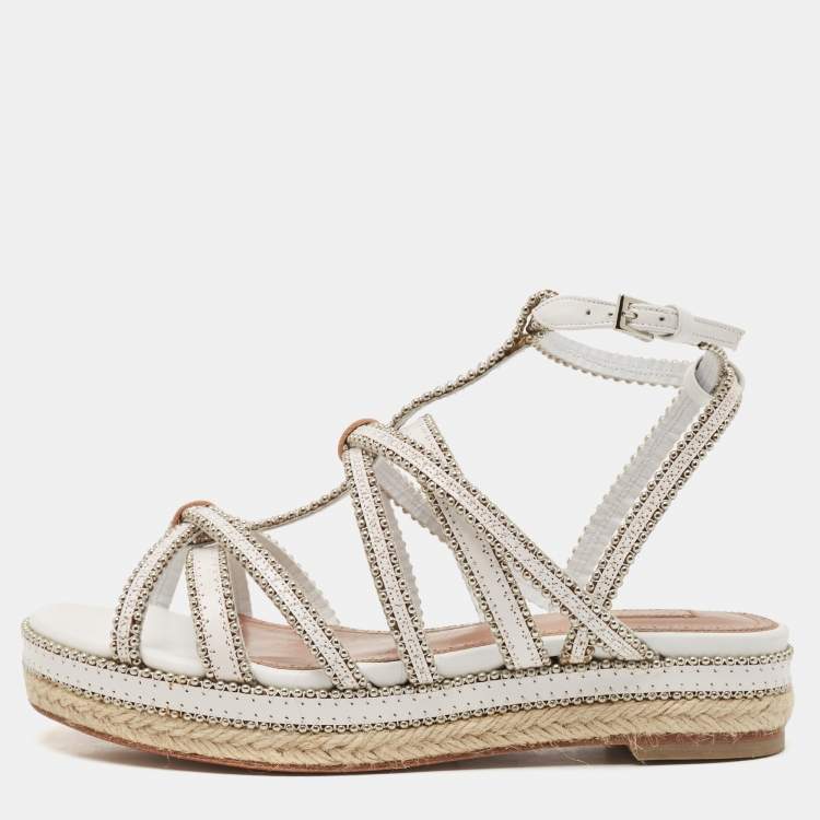 Pre Owned Alaia White Leather Studded Strappy Espadrille Sandals Size 37