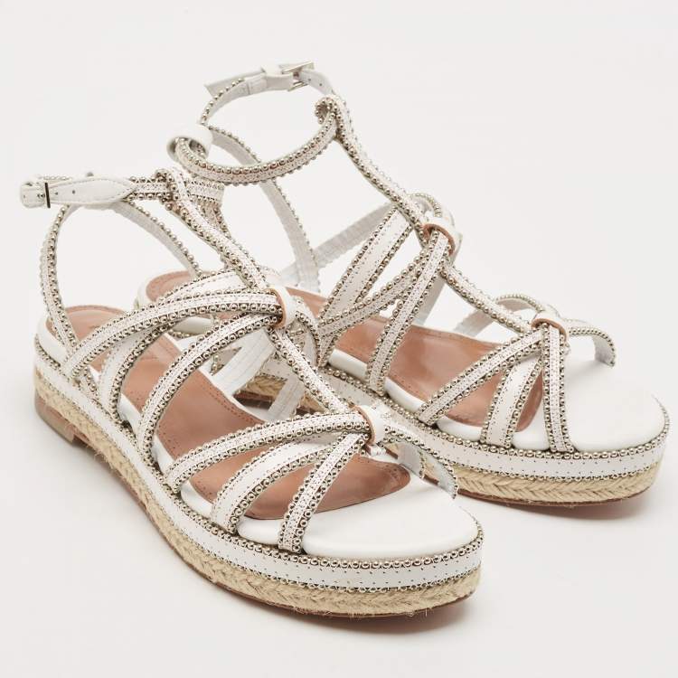 Pre Owned Alaia White Leather Studded Strappy Espadrille Sandals Size 37