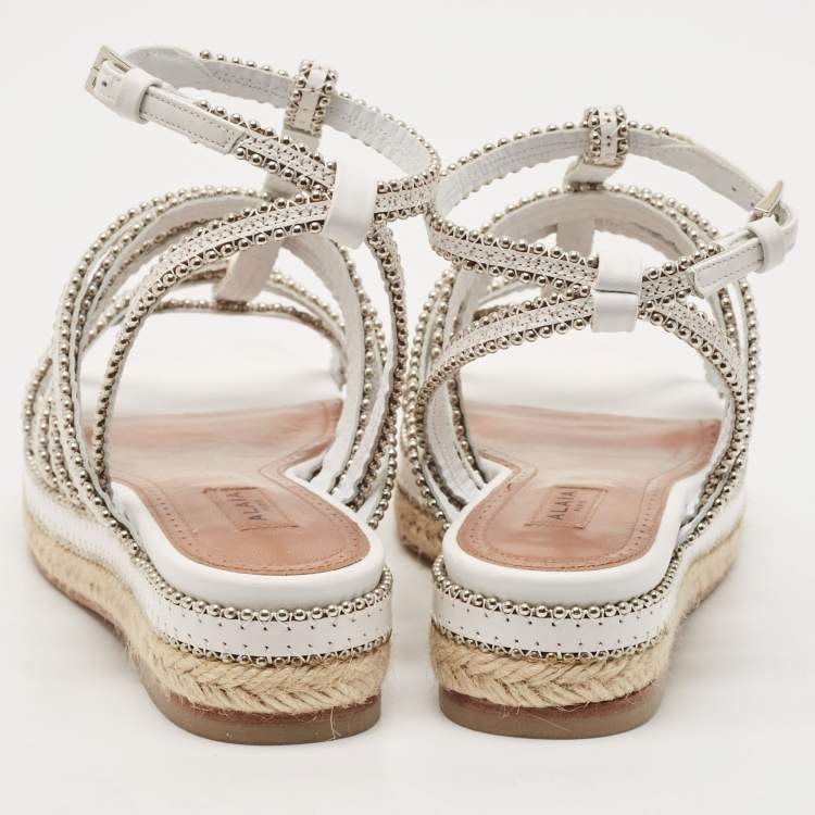 Pre Owned Alaia White Leather Studded Strappy Espadrille Sandals Size 37