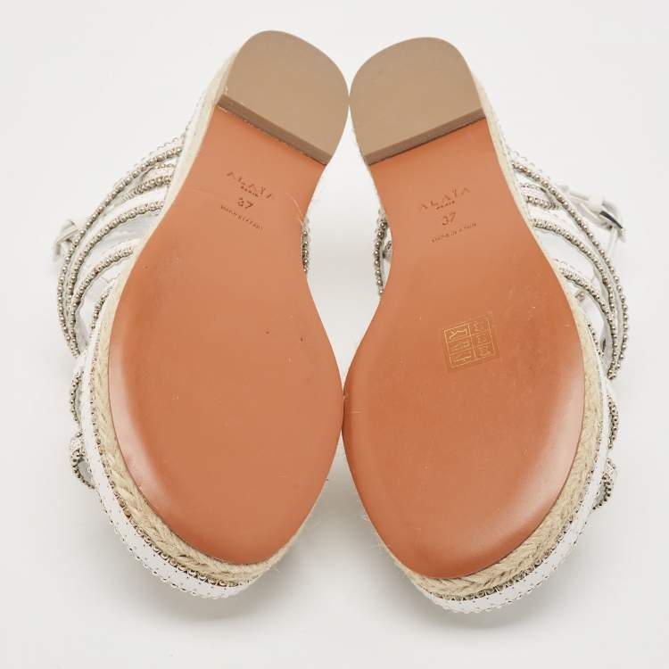 Pre Owned Alaia White Leather Studded Strappy Espadrille Sandals Size 37