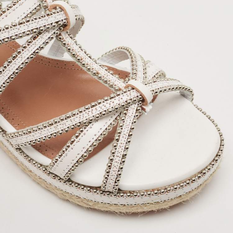 Pre Owned Alaia White Leather Studded Strappy Espadrille Sandals Size 37