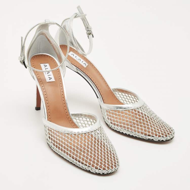 Pre Owned Alaia Silver Fishnet and Leather Ankle Strap Sandals Size 41