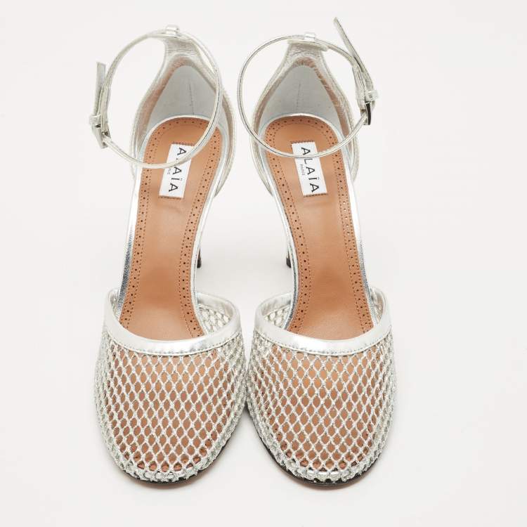 Pre Owned Alaia Silver Fishnet and Leather Ankle Strap Sandals Size 41