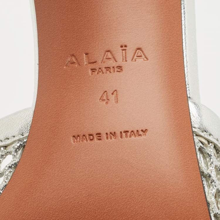 Pre Owned Alaia Silver Fishnet and Leather Ankle Strap Sandals Size 41