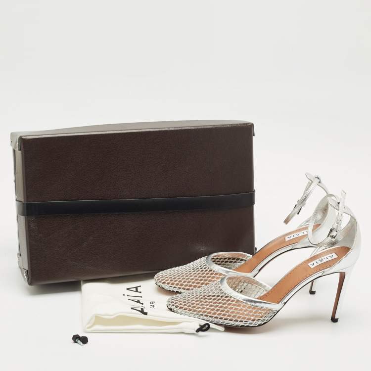 Pre Owned Alaia Silver Fishnet and Leather Ankle Strap Sandals Size 41