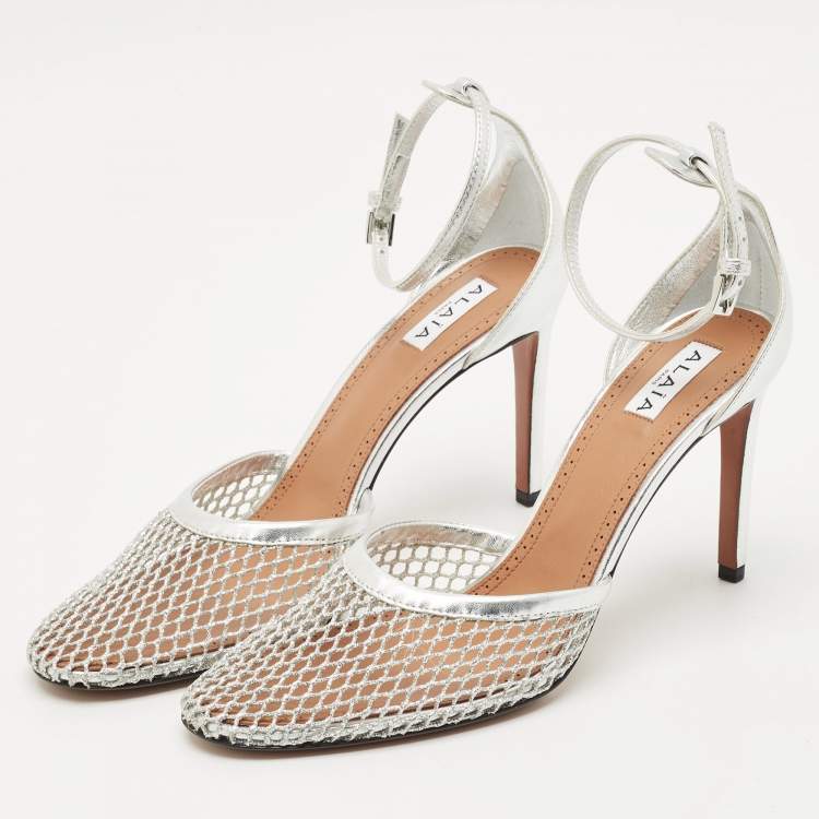 Pre Owned Alaia Silver Fishnet and Leather Ankle Strap Sandals Size 41