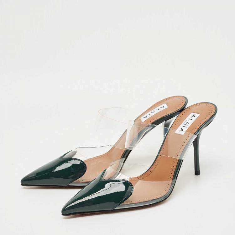Pre Owned Alaia Transparent and Green Patent Leather and PVC le coeur Mules Size 37