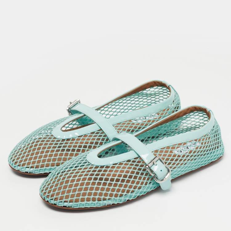 مملوكة مسبقًا Alaia Blue Mesh and Patent Leather Fishnet Ballet Flats Size 38