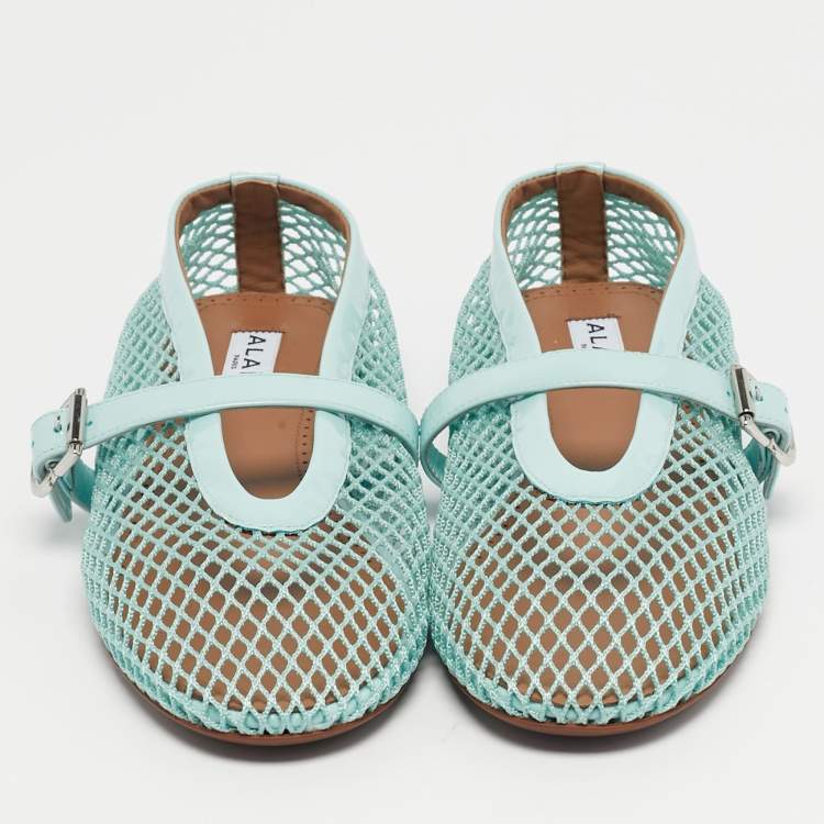 مملوكة مسبقًا Alaia Blue Mesh and Patent Leather Fishnet Ballet Flats Size 38
