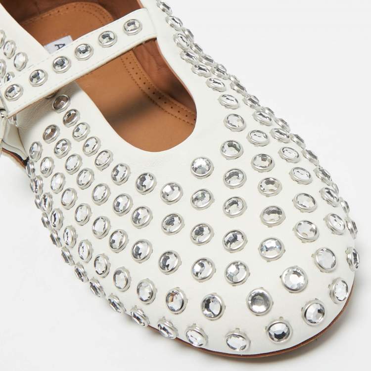 Pre Owned Alaia White Leather Crystal Embellished Mary Jane Ballet Flats Size 39