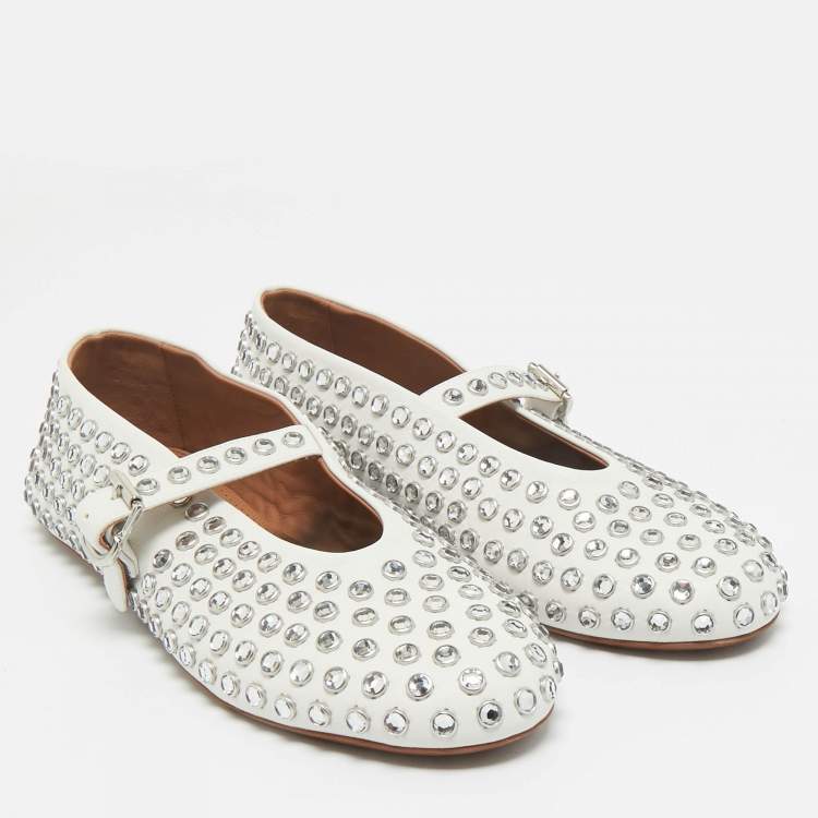 Pre Owned Alaia White Leather Crystal Embellished Mary Jane Ballet Flats Size 39