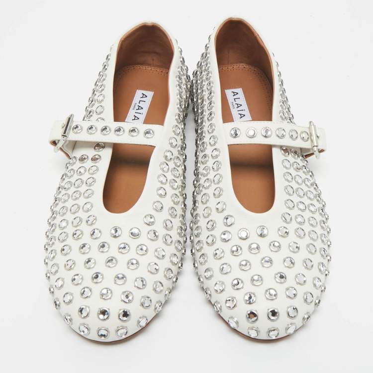 Pre Owned Alaia White Leather Crystal Embellished Mary Jane Ballet Flats Size 39
