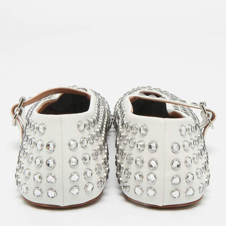 Pre Owned Alaia White Leather Crystal Embellished Mary Jane Ballet Flats Size 39