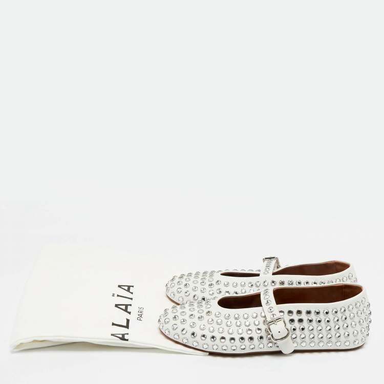 Pre Owned Alaia White Leather Crystal Embellished Mary Jane Ballet Flats Size 39