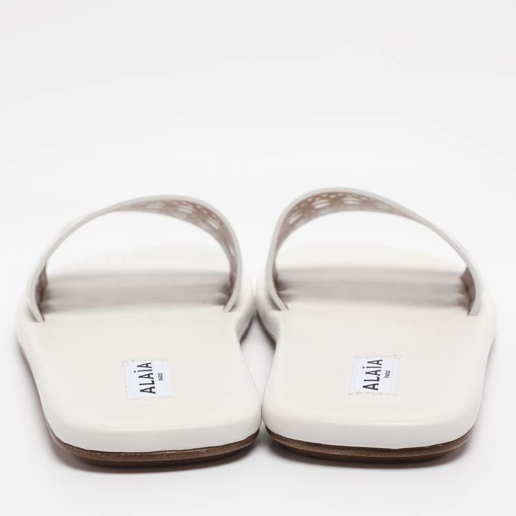 Pre Owned Alaia White Leather Vienne Flat Slide Size 38