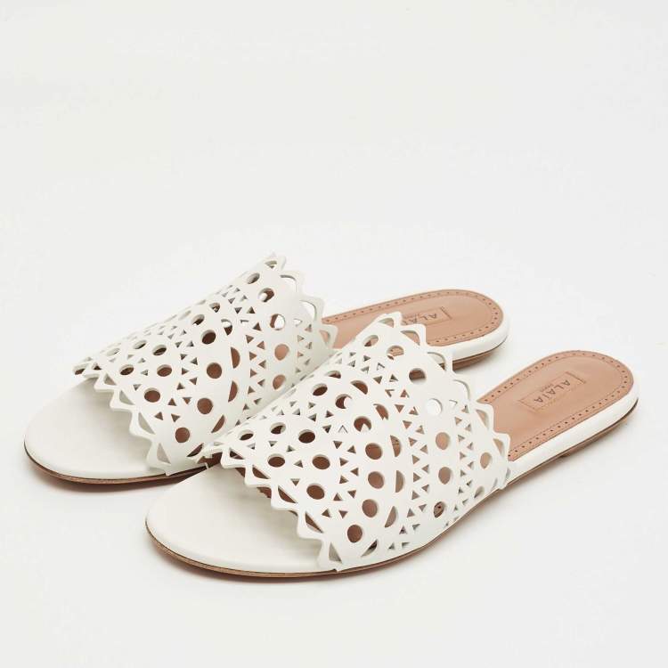 Pre Owned Alaia White Leather Vienne Flat Slides Size 41