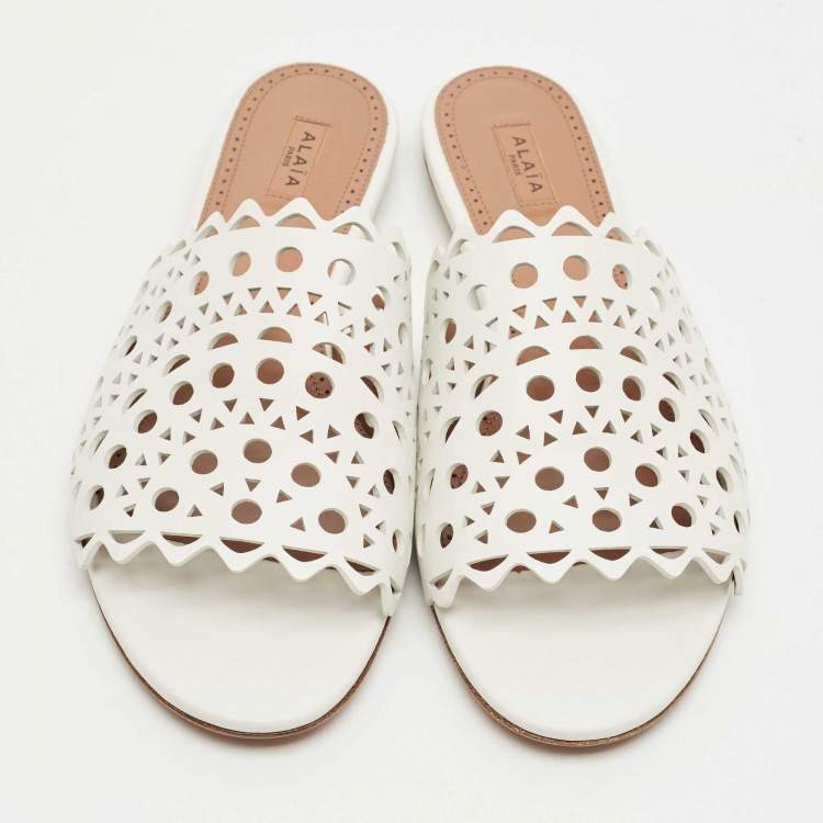 Pre Owned Alaia White Leather Vienne Flat Slides Size 41