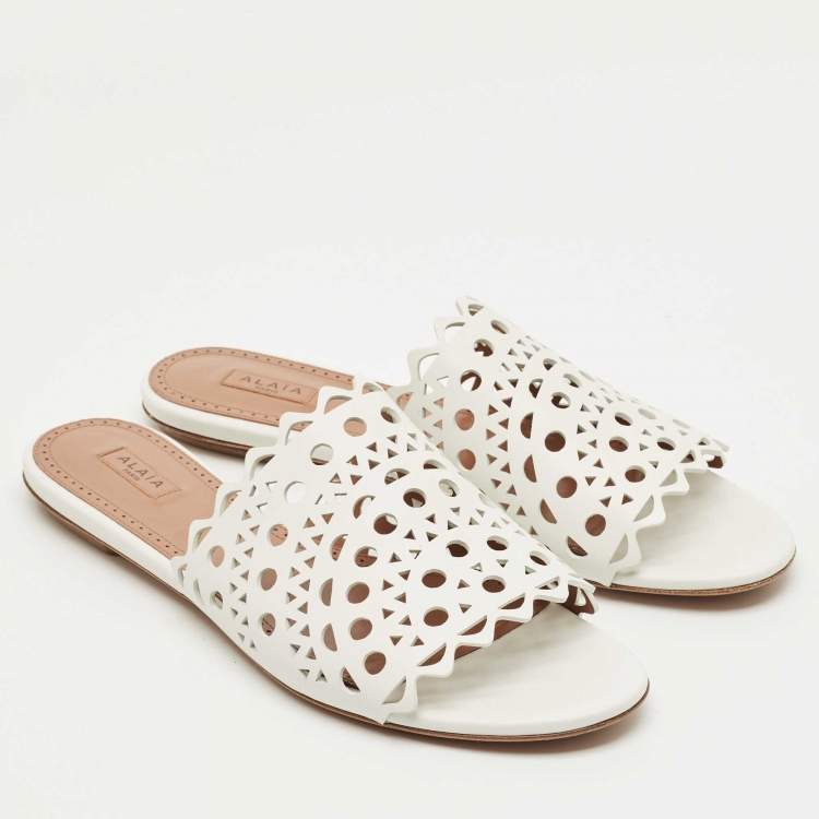 Pre Owned Alaia White Leather Vienne Flat Slides Size 41