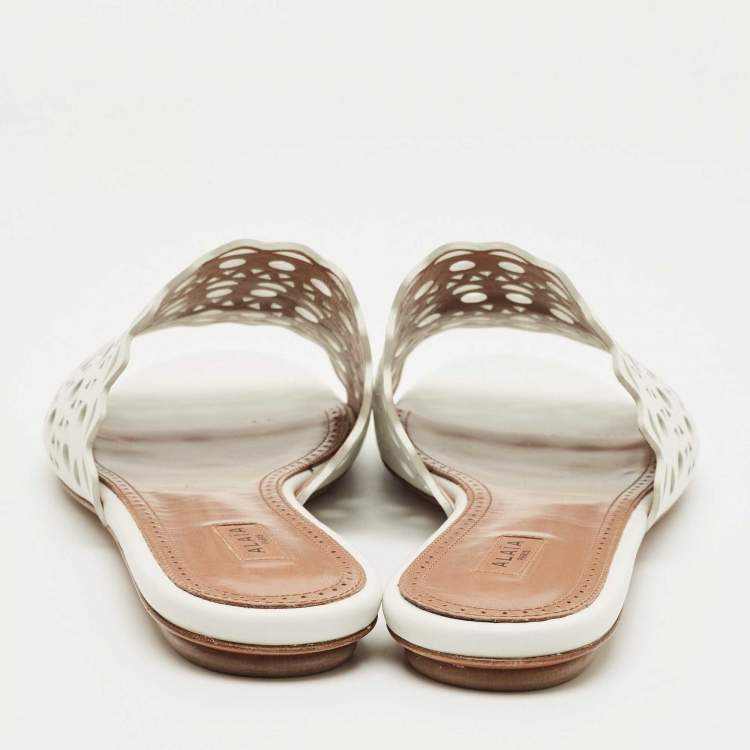 Pre Owned Alaia White Leather Vienne Flat Slides Size 41