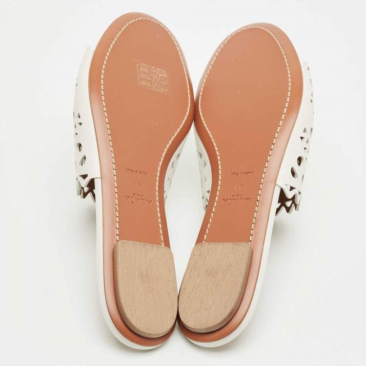 Pre Owned Alaia White Leather Vienne Flat Slides Size 41