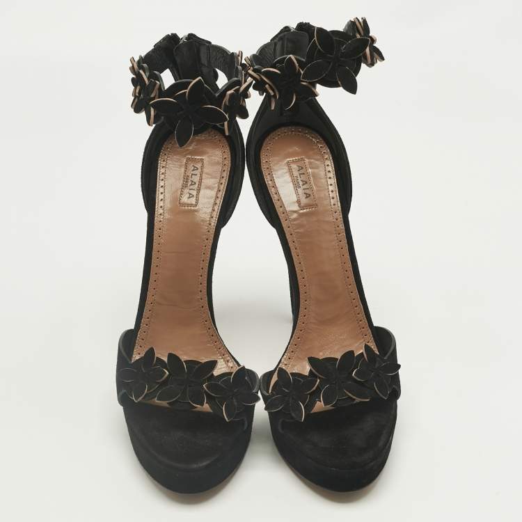 Pre Owned Alaia Black Suede Platform Ankle Strap Sandals Size 41