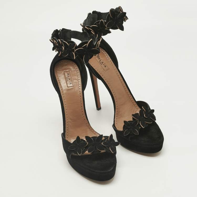 Pre Owned Alaia Black Suede Platform Ankle Strap Sandals Size 41