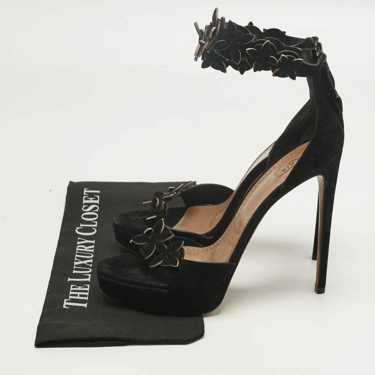 Pre Owned Alaia Black Suede Platform Ankle Strap Sandals Size 41