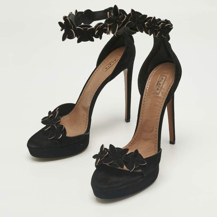 Pre Owned Alaia Black Suede Platform Ankle Strap Sandals Size 41