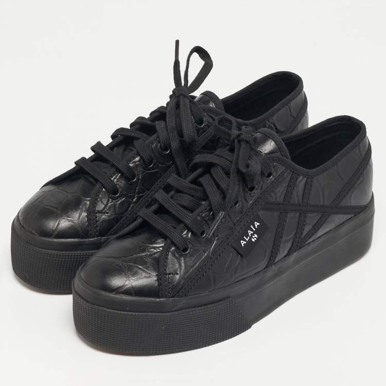 Pre Owned Alaia Superga Size 38 Black Croc Embossed Leather Lace Up Sneakers
