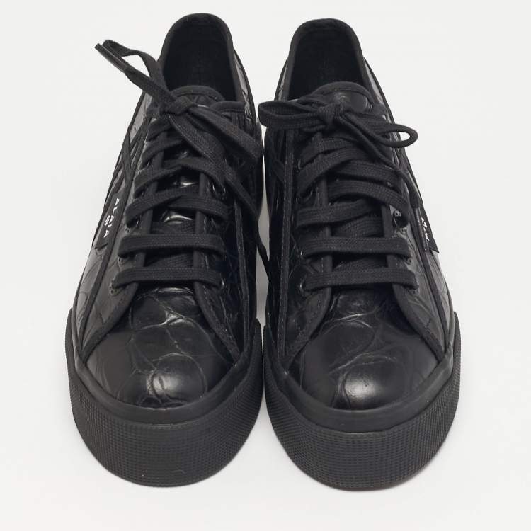 Pre Owned Alaia Superga Size 38 Black Croc Embossed Leather Lace Up Sneakers