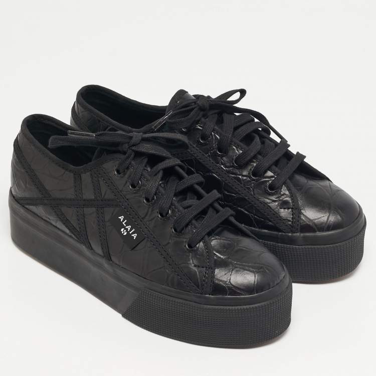 Pre Owned Alaia Superga Size 38 Black Croc Embossed Leather Lace Up Sneakers