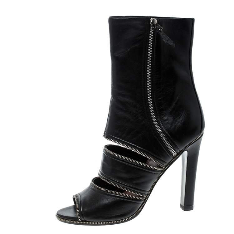 Pre Owned Alaia Black Leather Peep Toe Zipper Booties Size 39
