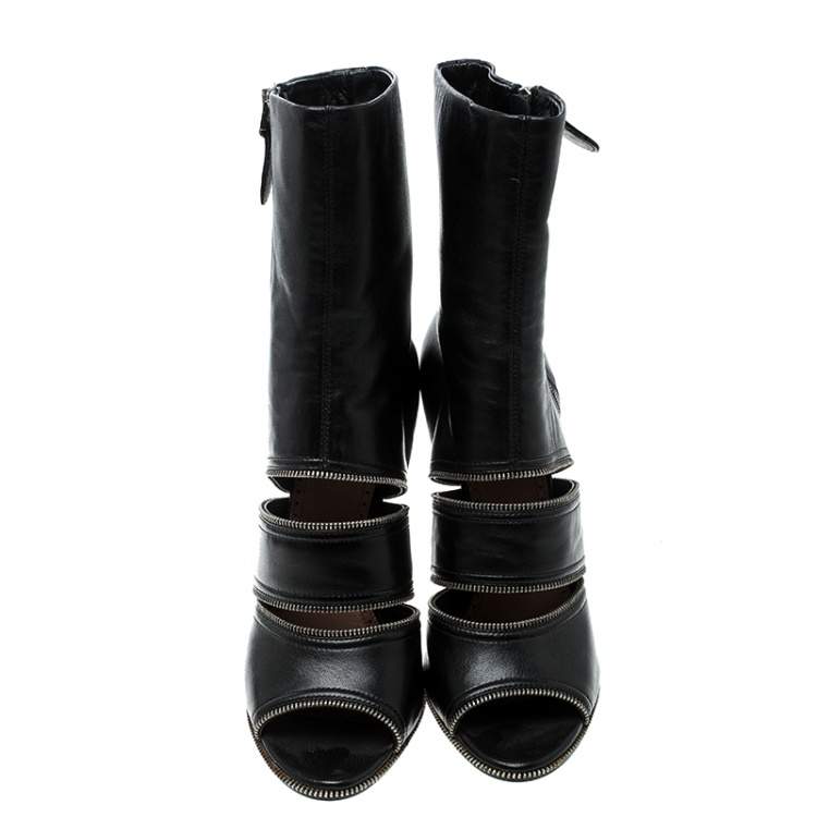 Pre Owned Alaia Black Leather Peep Toe Zipper Booties Size 39